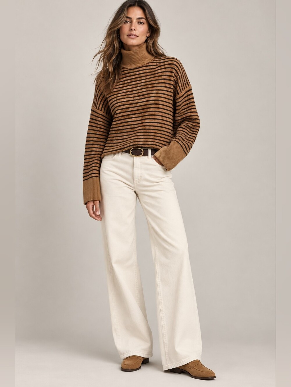 MADEWELL Merino Wool Waffle Knit Turtleneck Sweater In Camel & Black Stripe M